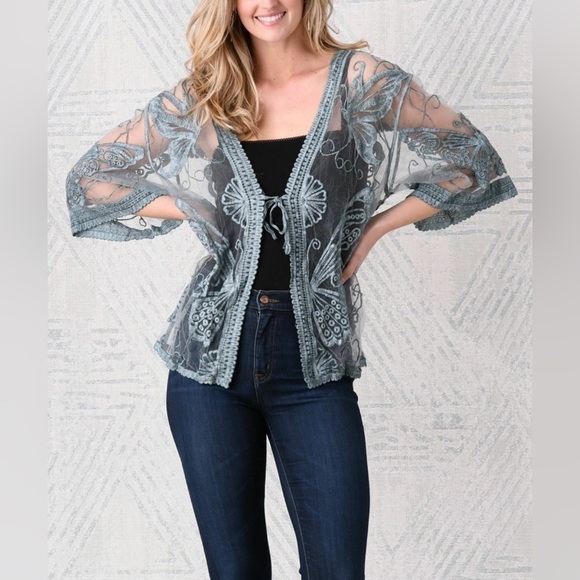 Crochet lace mesh butterfly open cardigan beige khaki boho light top layering S - Picture 12 of 13